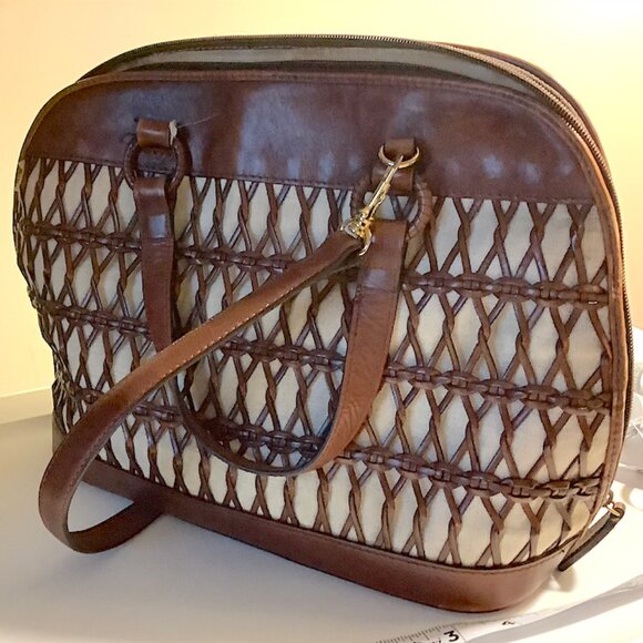 Talbots brown & cream leather and canvas bag - with detachable shoulder strap - Picture 4 of 15